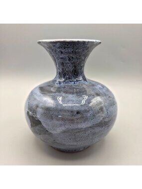 Handmade Ceramic Studio Pottery Vase Glossy Blue Gray Glaze Finish
